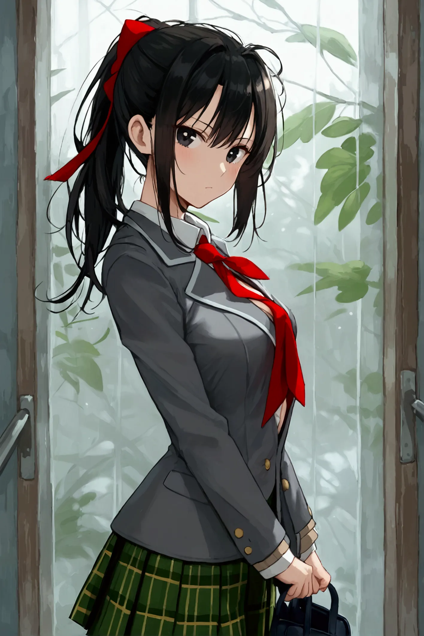 1girl, yaoyorozumomo, black eyes, black hair, ponytail, long hair, hair pulled backcenter opening, , grey blazer, u.a. school un...