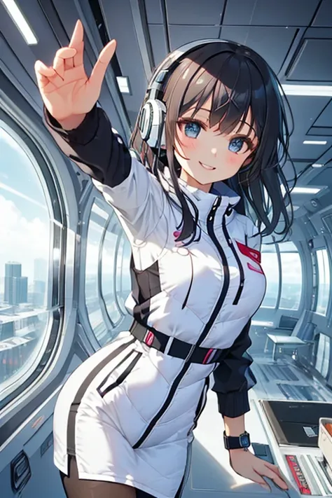 masterpiece, Best Quality, very detailed, 8K Portrait, Japanese Android Girl, plump, floating in zero gravity, dynamic floating pose with hands elegantly crossed behind back, masterpiece:1.2, (best quality), (highly detailed:1.3), (portrait shot):5, (4girl...