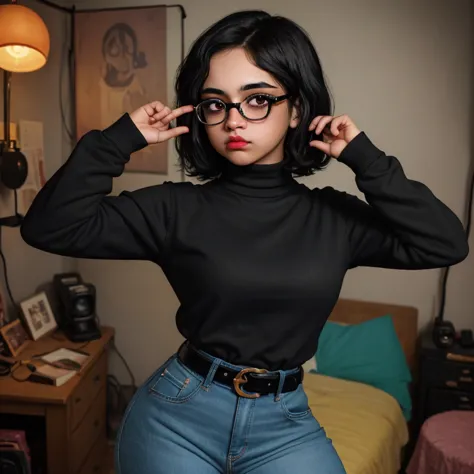 90s dark vintage film style, a petite cute nerdy skinny emo mexican teen, wearing glasses, short volumetric emo style hair, beau...