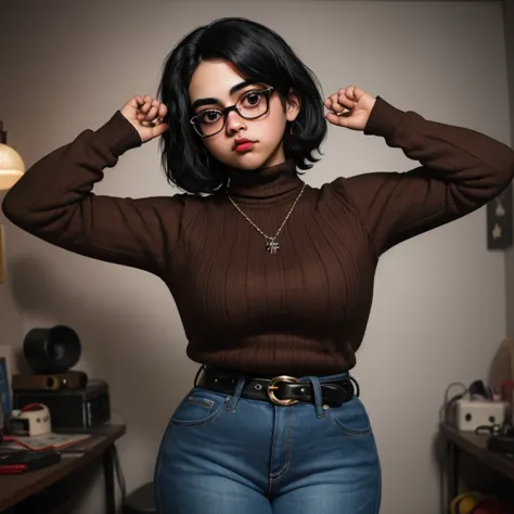 90s dark vintage film style, a petite cute nerdy skinny emo mexican teen, wearing glasses, short volumetric emo style hair, beau...