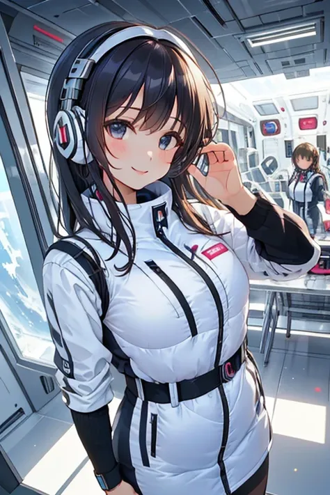 masterpiece, Best Quality, very detailed, 8K Portrait, Japanese Android Girl, plump, floating in zero gravity, dynamic floating pose with hands elegantly crossed behind back, masterpiece:1.2, (best quality), (highly detailed:1.3), (portrait shot):5, (4girl...