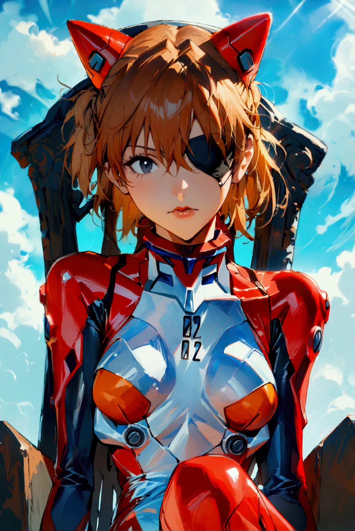 1girl, souryuu asuka langley, neon genesis evangelion, rebuild of evangelion, lance of longinus, cat hat, plugsuit, pilot suit, ...