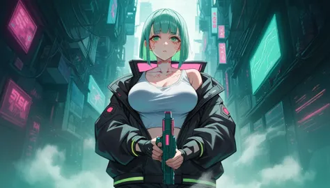 a green eyed woman in a black jacket holding a gun, cyberpunk anime art, cyberpunk anime girl, best anime 4k konachan wallpaper,...