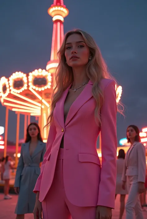 60s　 retrofuturistic 　amusement park　Night　FEMALES　full bodyesbian　high fashion,   Russian face Ekaterina Enokaeva 　 blonde. ,  Long hair .  height 182 , weight 52 　Classic pink suit 　20 year old　carousel,  is worth a modern Honda scooter