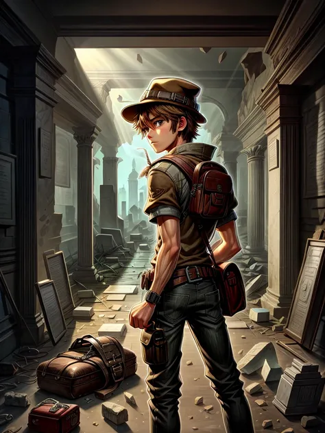 detailed 8k boy with bag on his back and frayed brown hat inside the ruins inside the ruins