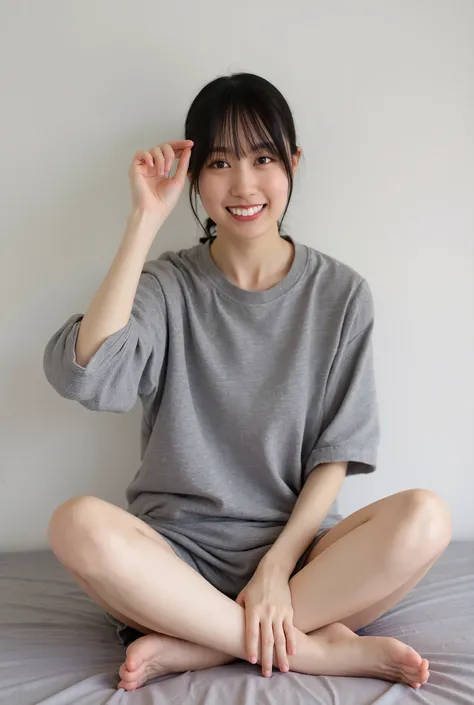 Full body shot from the front、Wearing off-the-shoulder mini one-piece pajamas, Im sitting while looking at me while taking a pose with my knees bent and legs spread, Slender bare legs 、smile、The background is a monotone