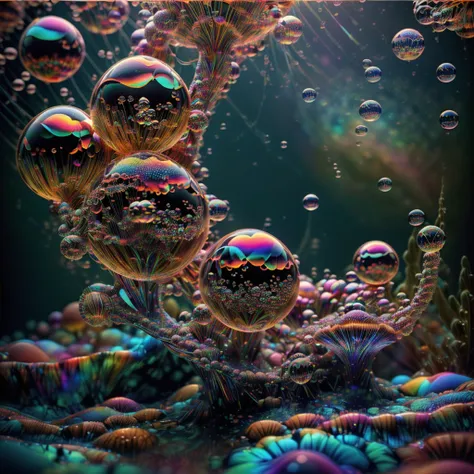 a close up of beautiful bubbles floating on top of each other, lsd, dmt imagery. octane render, psychedelic droplets of water, a...