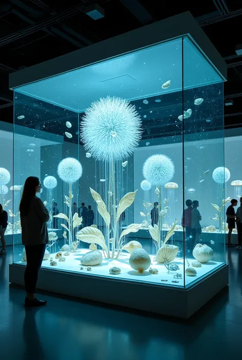 Museum of the Future，The Seed Museum ， The seeds displayed in a transparent box are neatly arranged in a transparent box, showing the complete shape of the plant in the form of a holographic stereoscopic projection on top of the shimmer， is amazing 