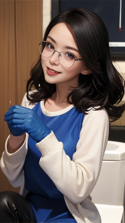 (a masterpiece portrait of a woman with ultra detailed features, in 8K resolution, with crisp quality and vibrant colors), (from front, look at viewer), Wearing large vinyl gloves , White rubber boots、Wearing glasses、 dark-haired mature woman wearing a blu...