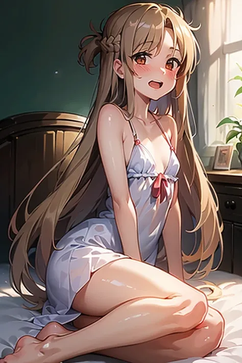 ((Best Quality)), ((masterpiece)), (be familiar with),  perfect face, indoor, bedroom,  watching viewers ,
One woman, Yuuki Asuna,
 characters with open mouth ,  ecstatic expression, blush, smile,
Small breasts,  flat chest, , ,  kids, Girl,
Long Hair,  lo...