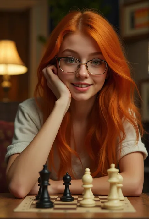 slim woman, long wavy red hair, green eyes, fat belly, skin lightly freckled, wearing cozy clothes, glasses, nerdy friendly look, braces on teeth, playing chess