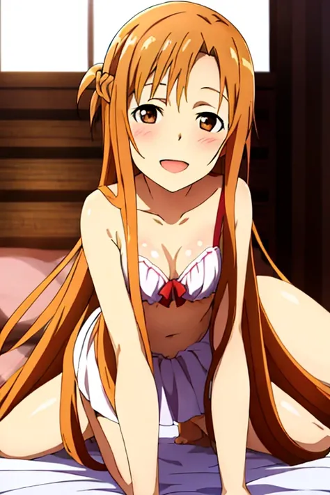 ((Best Quality)), ((masterpiece)), (be familiar with),  perfect face, indoor, bedroom,  watching viewers ,
One woman, Yuuki Asuna,
 characters with open mouth ,  ecstatic expression, blush, smile,
Small breasts,  flat chest, , ,  kids, Girl,
Long Hair,  lo...