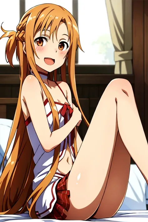 ((Best Quality)), ((masterpiece)), (be familiar with),  perfect face, indoor, bedroom,  watching viewers ,
One woman, Yuuki Asuna,
 characters with open mouth ,  ecstatic expression, blush, smile,
Small breasts,  flat chest, , ,  kids, Girl,
Long Hair,  lo...