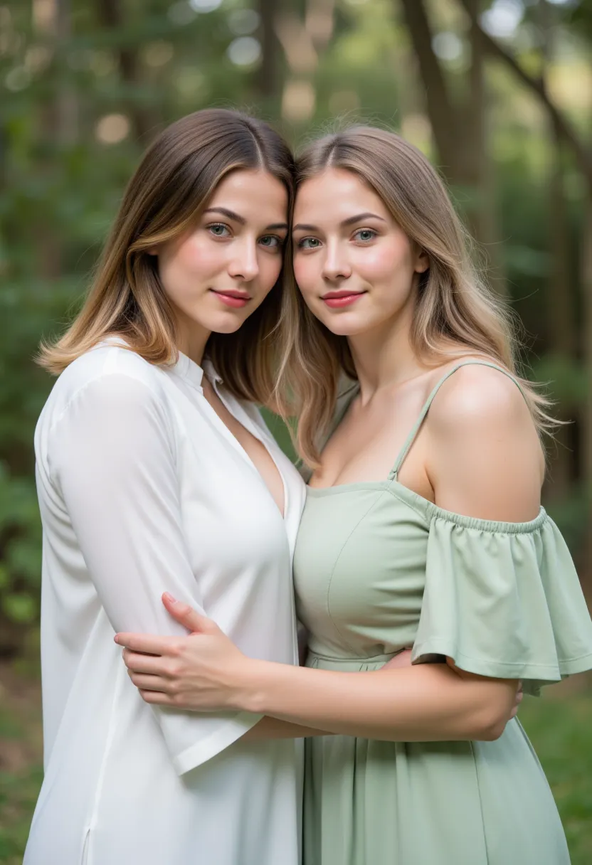 “two beautiful women stand closely together in a serene outdoor setting with soft lighting and a blurred natural background. the...