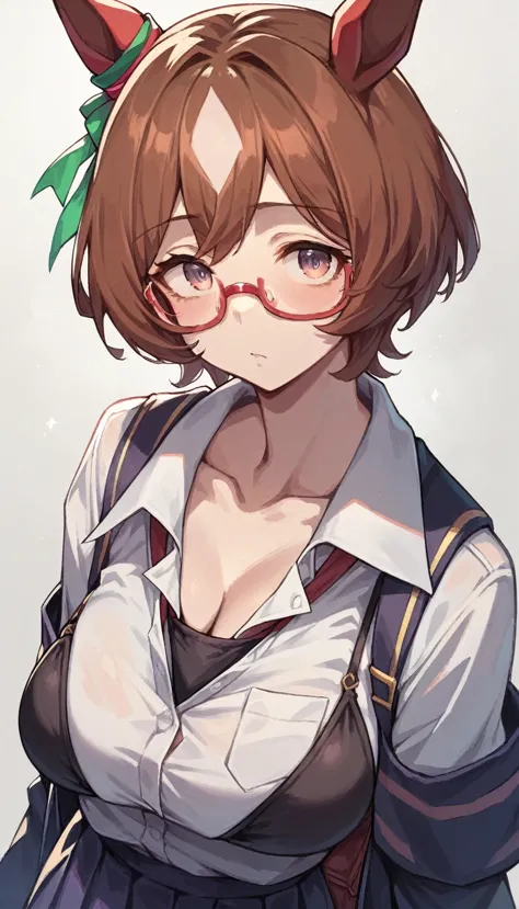 masterpiece, high resolution, school uniform, 1 girl, solo, black bikini, short hair, brown hair, red glasses, sagging eyes,  la...