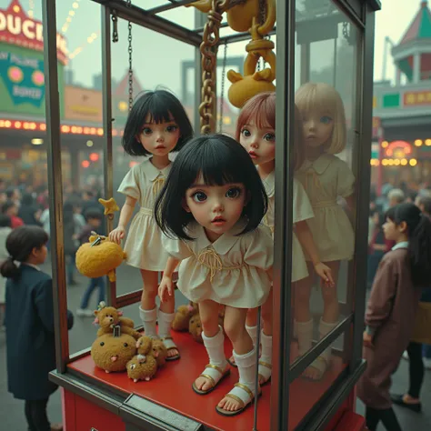 (XLabs F.1 Realism LoRA V1), Live-Action, Real, 5  TinyToy JK Girls becomes a prize in a crane game, Trapped in Huge Crane Game machine, learning on stuffed Toys, Shackles, Yoke, (ProfessionalPHOTO Realistic.6), Specular Reflection, Different types of hair...