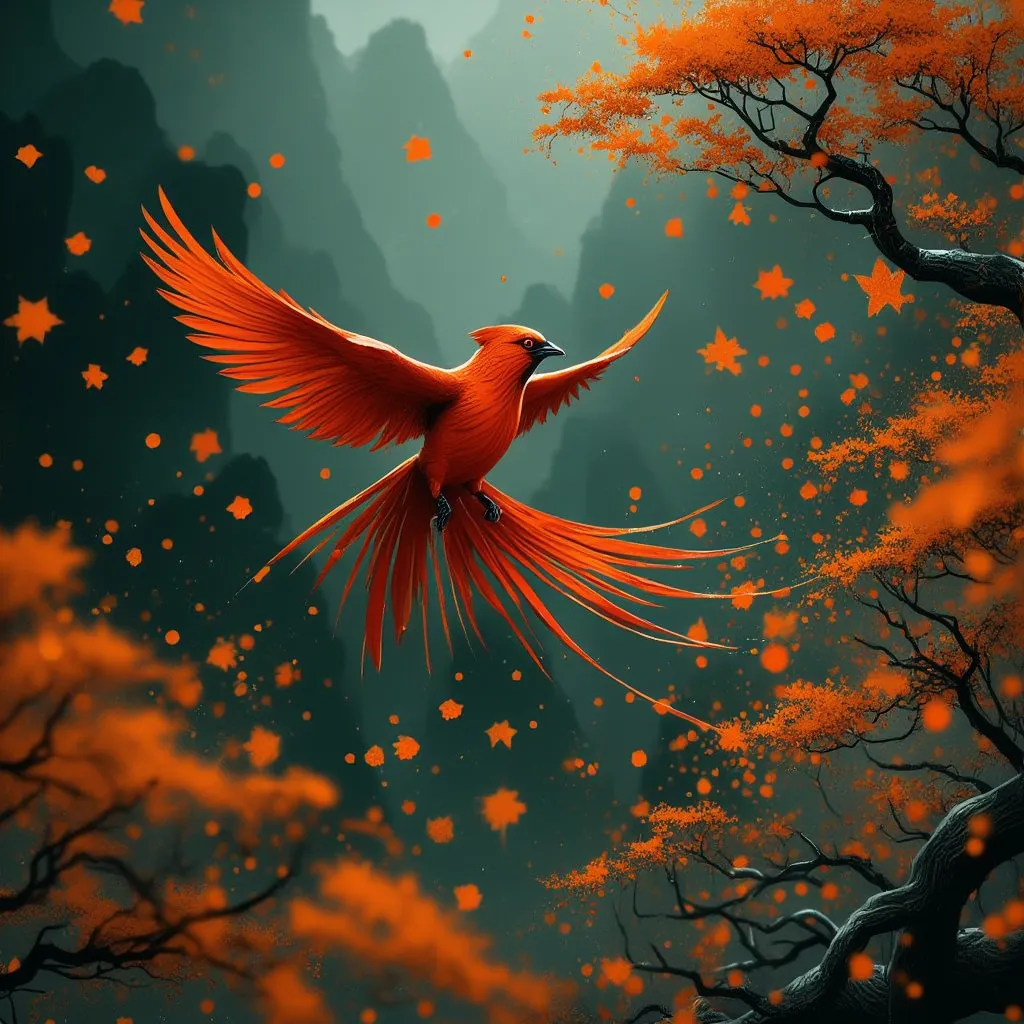 a red bird, flying in the center of the image, with colorful leaves floating around it, background in dark colors, highly detail...