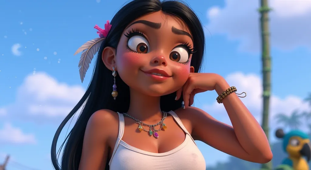 inspired by the arts of disney pixar, create the image of a brazilian indian girl,she is short, 1.35m tall with an irresistible ...