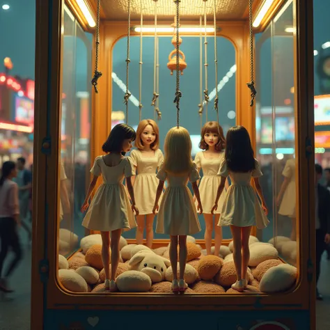 (XLabs F.1 Realism LoRA V1), Live-Action, Real, 5  TinyToy JK Girls becomes a prize in a crane game, Trapped in Huge Crane Game machine, learning on stuffed Toys, Shackles, Yoke, (ProfessionalPHOTO Realistic.6), Specular Reflection, Different types of hair...