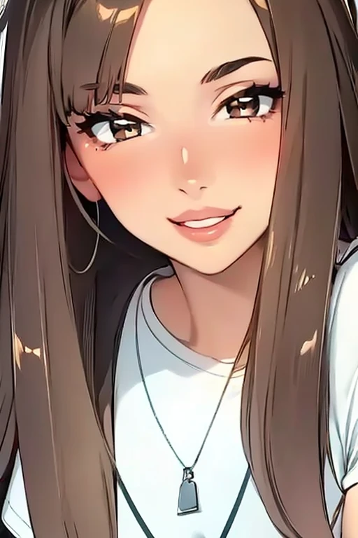 (masterpiece, best quality, photorealistic realistic) 1 girl wavy brown hair shiny eyes jewelry full lips long hair looking at viewer makeup t-shirt simple background smile nose piercing
