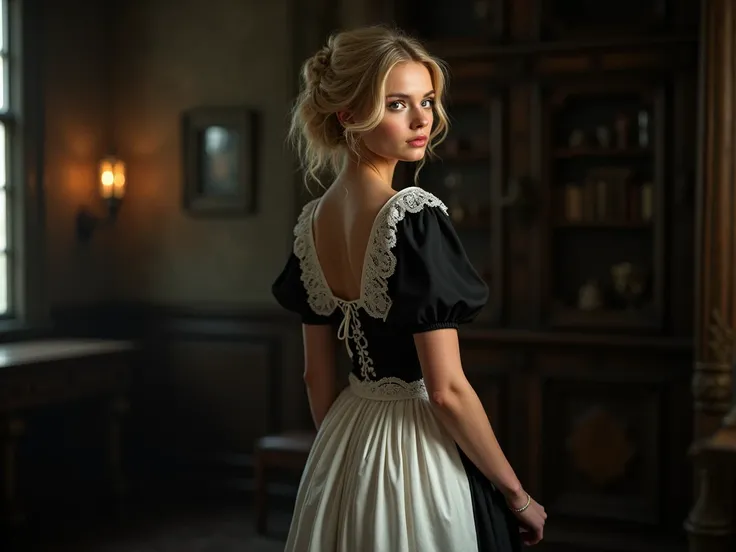  A high-quality , French maid with upskirt ,  photorealistic image of a young woman with blond hair ,  in a stylish ,  classic outfit in a dimly lit ,  Gothic room stands .  She wears a vintage-inspired dress with lace accents and an elegant hairstyle .  T...