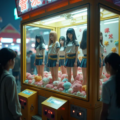 (XLabs F.1 Realism LoRA V1), Live-Action, Real, 5 Sexy JK Girls becomes a prize in a crane game, Trapped in Huge Crane Game machine, learning on stuffed Toys, Shackles, Yoke, (ProfessionalPHOTO Realistic.6), Specular Reflection, Different types of hair col...