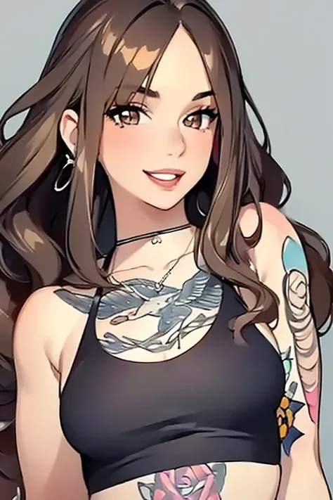 (masterpiece, best quality, photorealistic realistic) 1 girl wavy brown hair shiny eyes jewelry full lips long hair looking at viewer makeup crop top tatto simple background smile nose piercing
