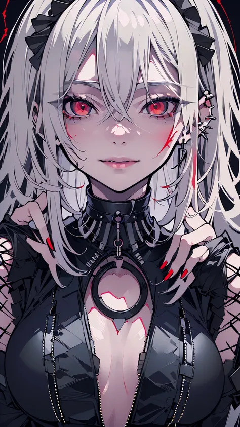 Beautiful young white-haired girl with piercing red eyes, half smile with full lips, black nails, barbed wires everywhere(coiled black barbed wires)