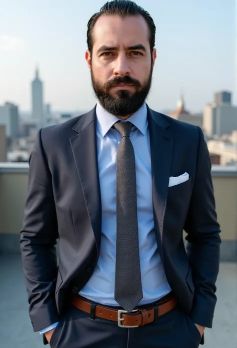 a white man, muscle t-shirt, 3, with the beard perfectly outlined, poses with a refined style in keeping with the year 2014. He is wearing a tight navy suit .., with a pastel blue shirt and a narrow dark grey knitted tie,  reflecting the trends of that yea...