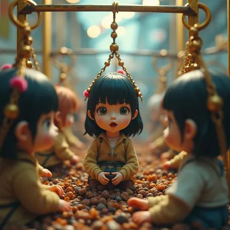 (XLabs F.1 Realism LoRA V1), Live-Action, Real, 5  TinyToys of JK Girl becomes a prize in a crane game, Trapped in Huge Crane Game machine, learning on stuffed Toys, Shackles, Yoke, (ProfessionalPHOTO Realistic.6), Specular Reflection, Different types of h...