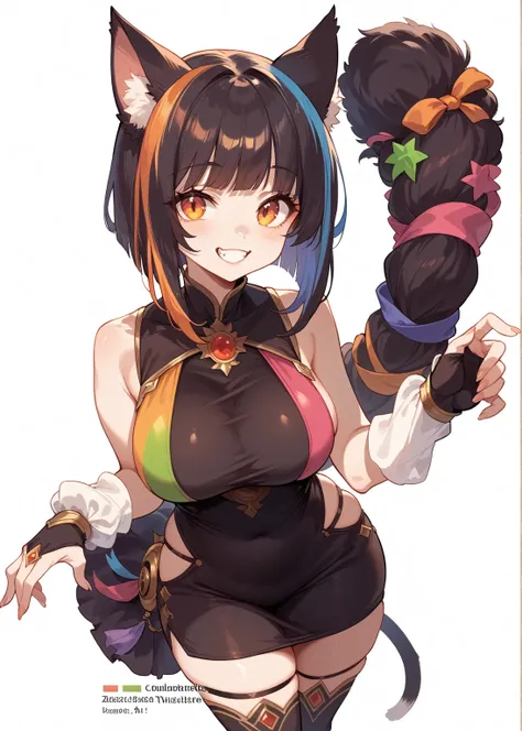 (masterpiece, anthropomorphic fantasy anime style, creative art), anthro cat girl, cat ears, colorful outfit, moe anime art style, posing, fantasy setting, thick thighs, big butt, big breasts, curvy, voluptuous, expressive, cheerful, smiling, harmonious co...