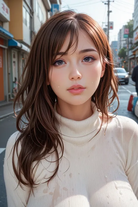 realistic,huge breasts,curvy,white sweater,wavy brown hair,wet hair,on date,at tokyo,on street,adult face,glossy thick lips,large eyes,black eyes,black eyeliner,oval face,