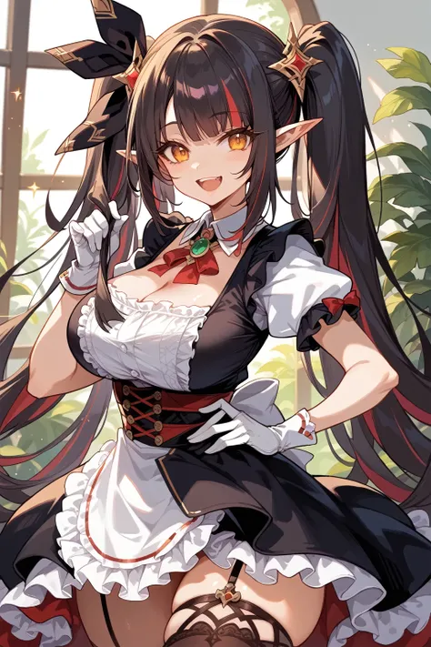 (masterpiece, anthropomorphic fantasy anime style, creative art), a close-up of an elf woman in a maid uniform posing for a photo, long two-tone white and black twintail hair, posing, fantasy setting, thick thighs, big ass, big breasts, curvy, voluptuous, ...