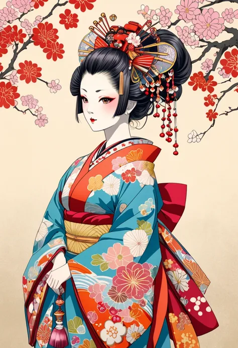 A highly detailed color pencil illustration of an Edo-period Japanese oiran (courtesan) dressed in traditional attire. The oiran is adorned in a vibrant, elaborate kimono with intricate floral patterns, displaying rich, multi-layered fabrics and ornate acc...