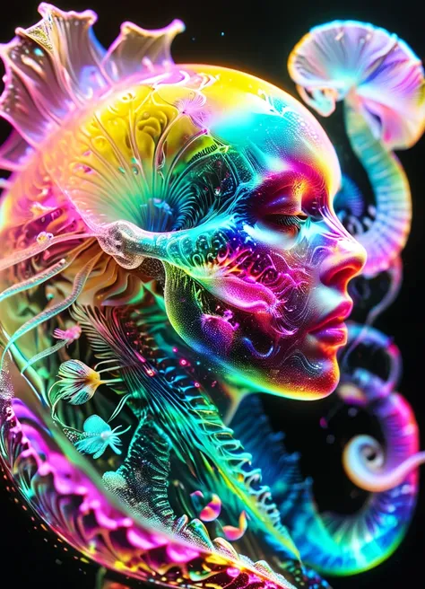 close-up portrait of a goddess, jellyfish, nautilus, orchid, skull, beta fish , bioluminescent organisms,  intricate art ral-czm...