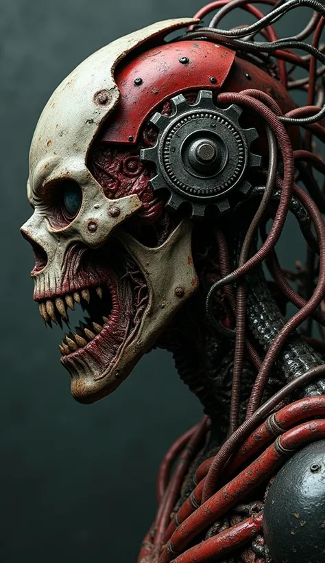  Biomechanical fusion of predator and prey in the same being , Giger-style ,  where gears metal and tubes are intertwined with distorted human anatomy .  Figures that pursue themselves in an infinite loop like Escher , , creating fractures such as where ea...