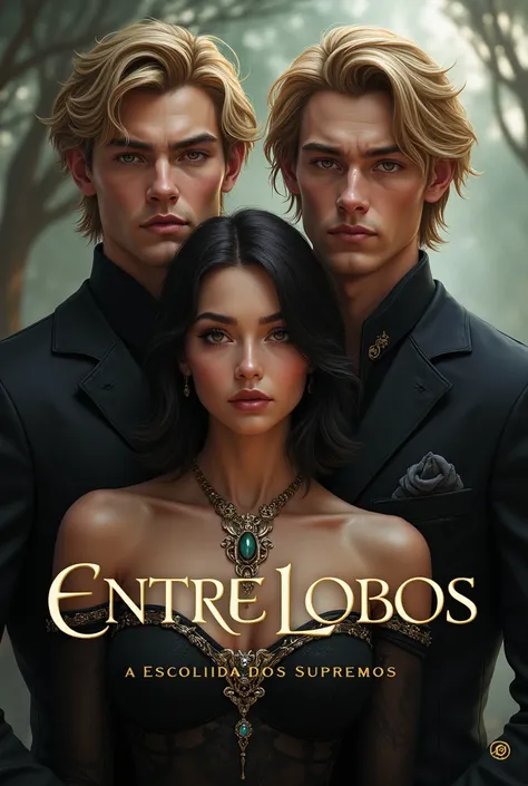 Make a Book Cover, well crafted, there are two beautiful men, blond they are twins, strong imposing and elegant, they are with a woman,She is 20 years old, Short shoulder length hair,  black hair , 
Make the twins a possessing ,  one of them holding her ne...