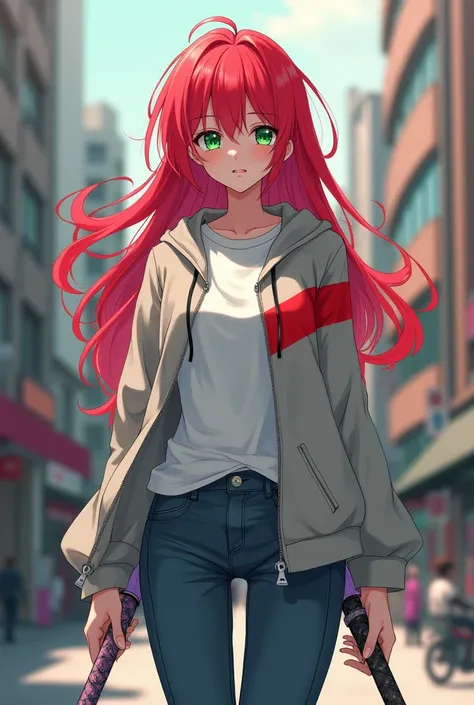  red hair,long hair,Green Eyes,Pure white skin,Neutral,female々Young boy,female性的な男子,Cute boy, white long sleeve t-shirt , Im wearing a zippered hoodie with a gray base and a red horizontal line on top of the t-shirt,Im wearing mouse colored jeans ,Im holdi...