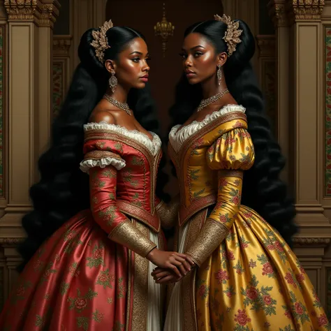 black twin sisters drawn in the renaissance era, wearing different fancy duchess clothes.