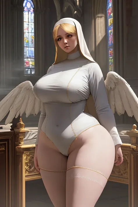 a beautiful blonde nun, face angelical, large bust, wide hips, thick thighs, wings on back, sensual, serious and imposing, standing and looking at the viewer, cathedral interior background, highly detailed, realistic, photorealistic, 8k, ultra-detailed, ci...