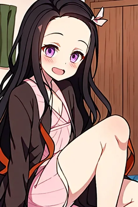 ((Best Quality)), ((masterpiece)), (be familiar with),  perfect face, indoor, bedroom,  watching viewers ,
One woman, Kamado Nezuko,
 characters with open mouth ,  ecstatic expression, blush, smile,
Small breasts,  flat chest, , ,  kids, Girl,
Long Hair,  ...