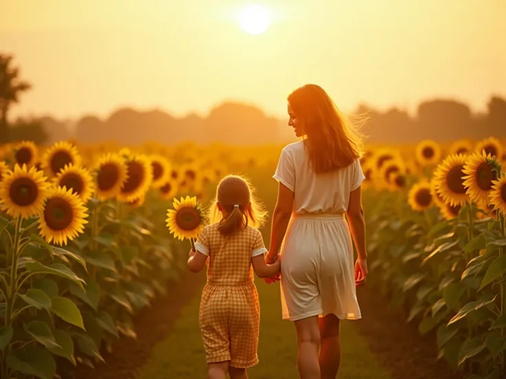  Mother and daughter walking through sunflower field,   golden sunset light ,   girl holding a sunflower ,   serene and happy environment ,  wide view of the countryside ,  8K,  photorealistic ,  hyperrealistic, grain of subtle film .