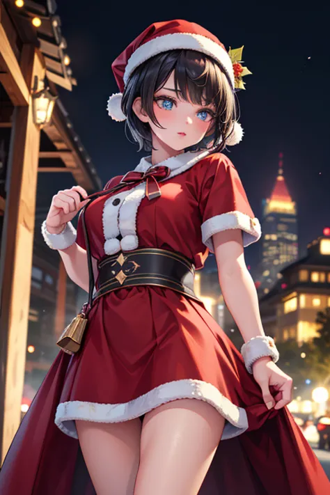 beautiful young woman, short black hair, cozy santa claus outfit, standing in front of christmas lights at night, photorealistic, highly detailed, (best quality,4k,8k,highres,masterpiece:1.2),ultra-detailed,(realistic,photorealistic,photo-realistic:1.37),H...