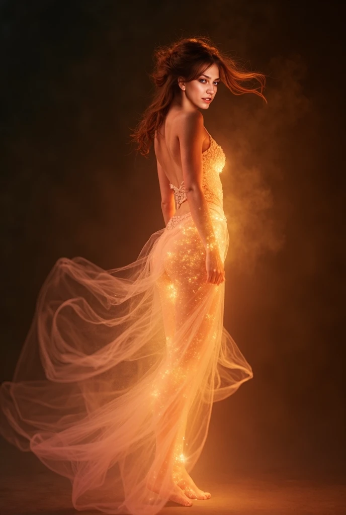 An abstract, ethereal feminine figure drawing closer, glowing warmly with a gentle intensity in shades of deep amber, blush pink, and hints of gold. She radiates a growing warmth and inviting energy, flowing towards the viewer with a sense of calm and inti...