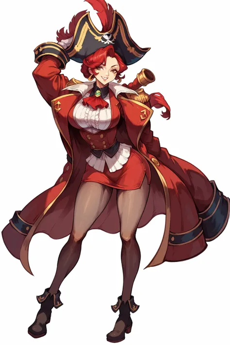 (masterpiece, anthropomorphic fantasy anime style, creative art), beautiful anthro woman, large pirate ship captains hat, red hair, wearing a black and red coat, short red shirt, short red skirt, pantyhose, shoes, posing, fantasy setting, thick thighs, big...