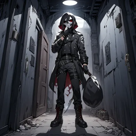 1 man with red and black sidecut punk hair, silver skull mask over his mouth, black eyes, wearing leather, belts, boots and gloves, standing in an doorway with a sack while holding a knife, dark and eerie night street backdrop
