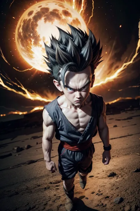 masterpiece,  best quality, ultradetailed,  Gohan a boy , Alone,   full body ,  angry facial expression ,   gray hair,  spiked hair,  red eyes , dougi,   full body ,  looking at the viewer ,  Male Focus , Earth (planet), planet, fiery clouds,  dusty floor ...