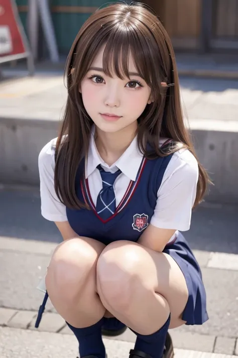 masterpiece, High school girl,Squatting at the station,( Japanese idol:1.4), Brown Hair,  plump chest ,  Blushing , From below, ( school uniform)