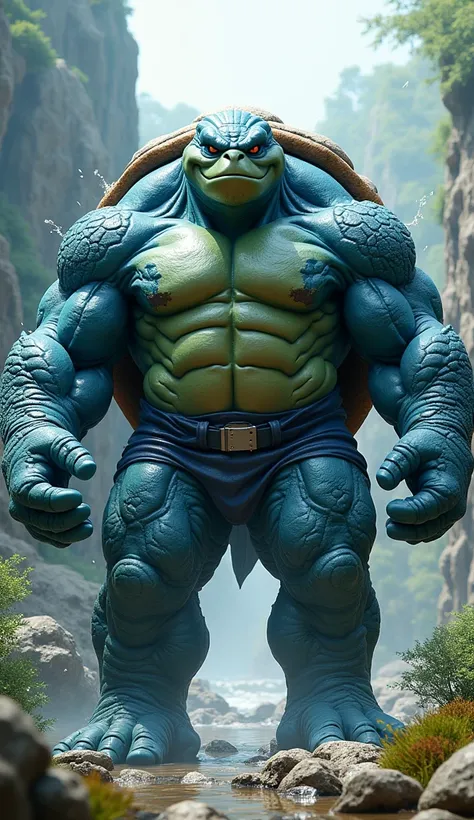 Imagine a realistc and colossal fusion of the hulk blue color and Blastoise 