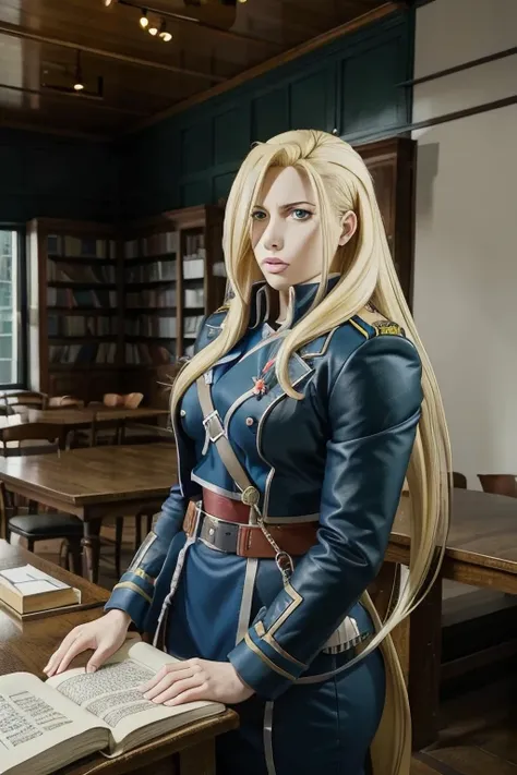 anime character, woman, olivier mira armstrong, fullmetal alchemist, big blonde hair, blue eyes, thick lips,  blue military clot...